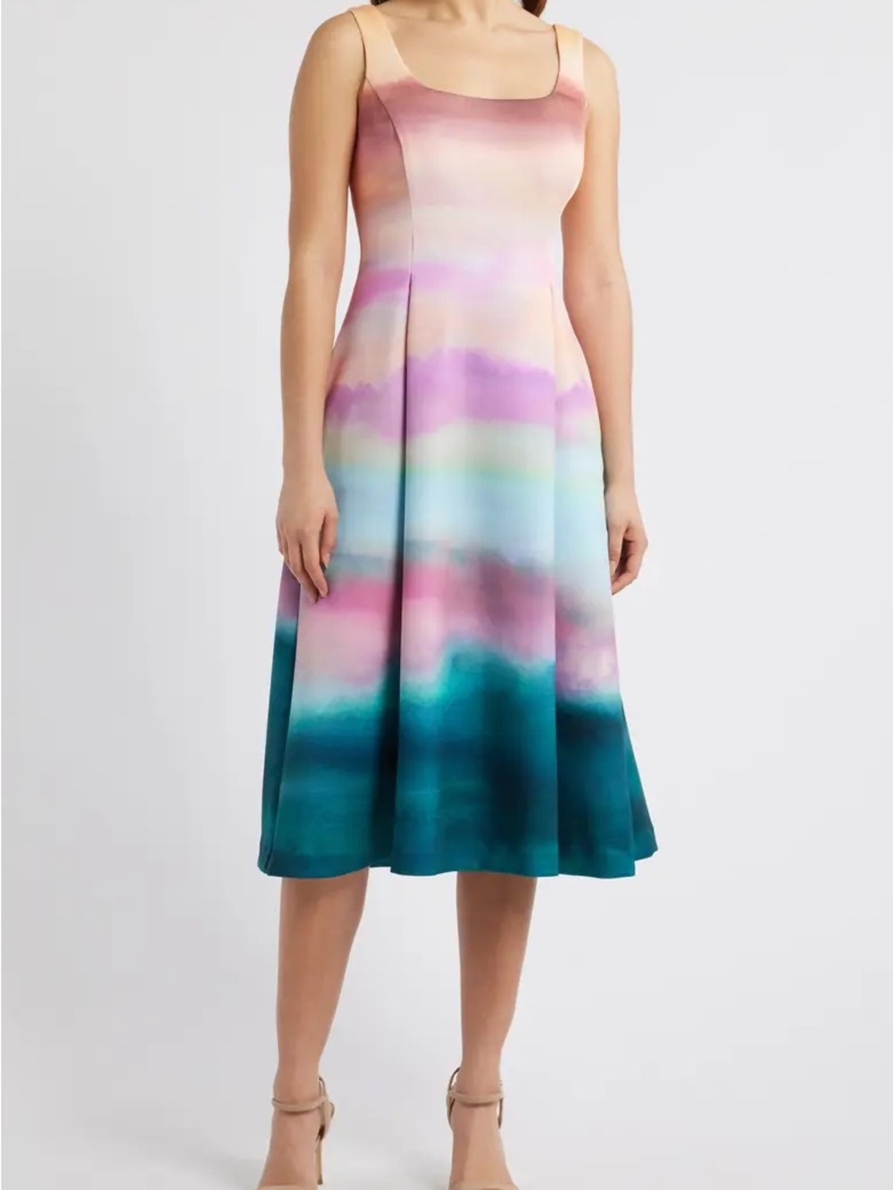 2 pieces of Vince Camuto Pastel Ombre Midi Dress with purple cardigan